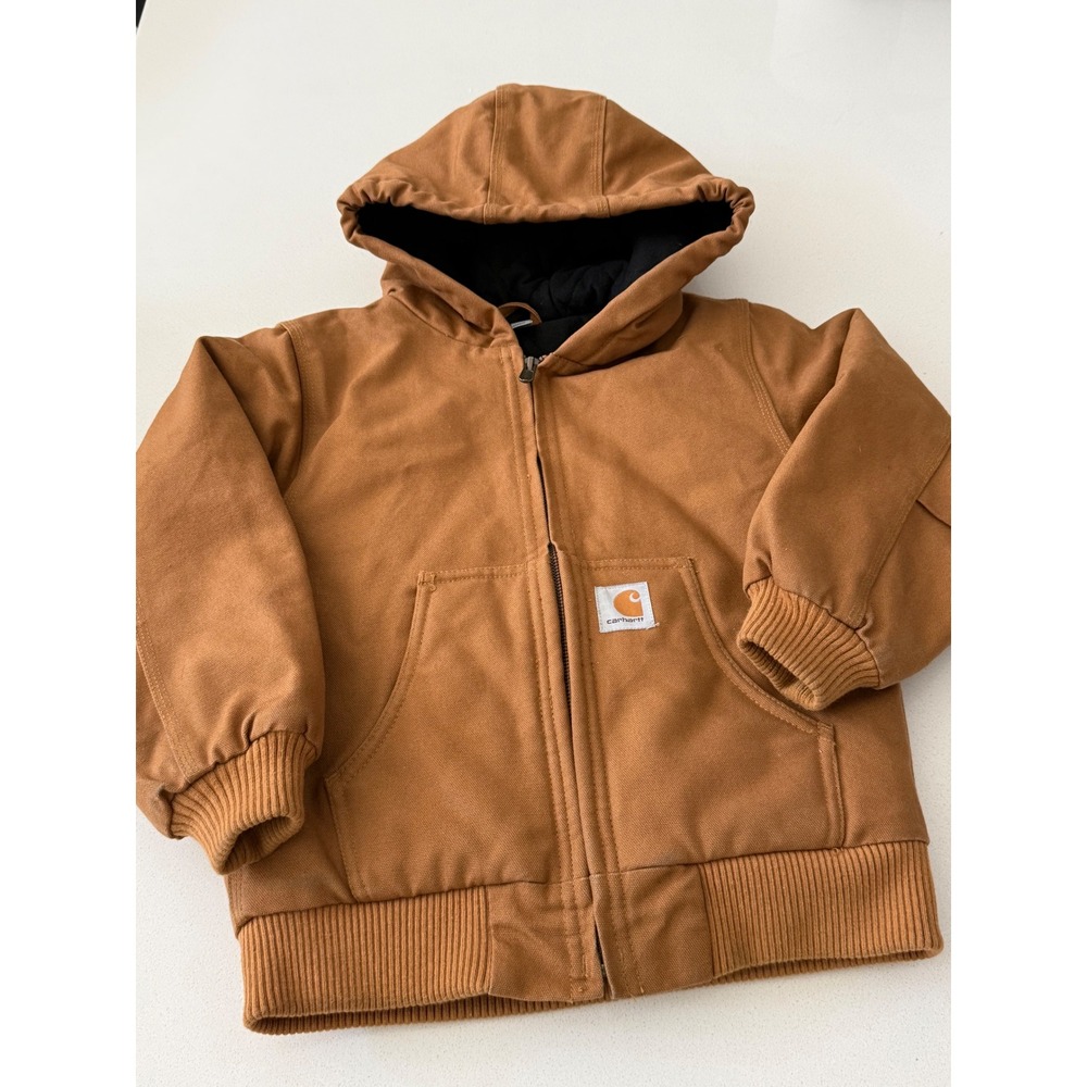 Carhartt Kids XS 6 Active Jacket Brown Quilted Flannel Lined Hooded Canvas Coat